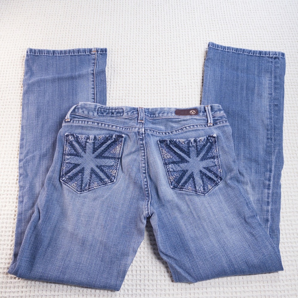 YASO Womens Embroidered Union Jack Back Pocket Bootcut Jeans Blue Size 7/8 29